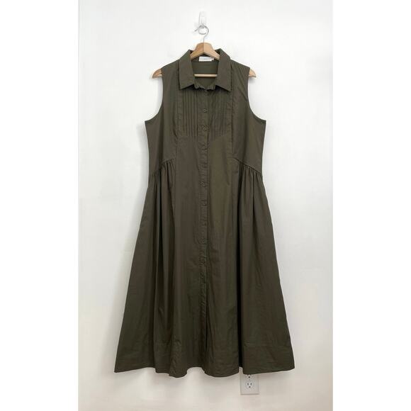 MAYE Corinne Shirtdress Poplin Cotton Relaxed A-Line Midi Dress Khaki - Large - Picture 3 of 13